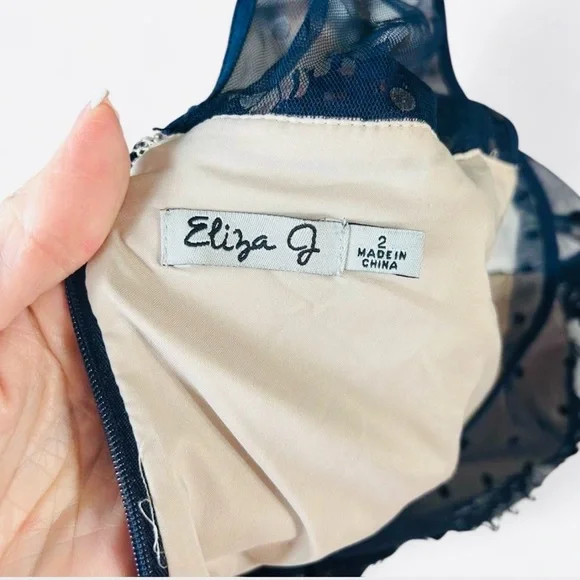 Eliza J Navy Lace Fit Flare Dress Size 2 Illusion Neck - Picture 5 of 7